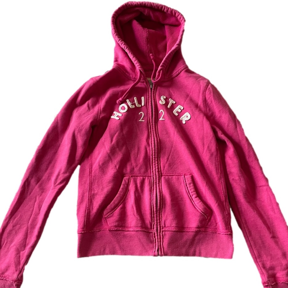 Hollister pink logo zip up sweater, size m